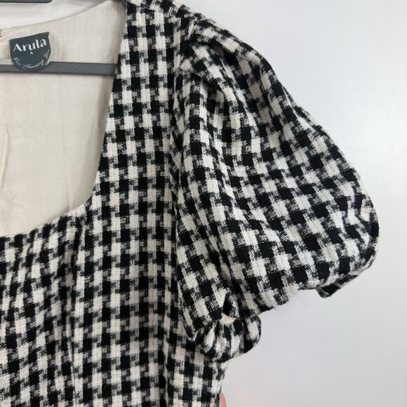 New Arula 1X Black White Gingham Plaid Babydoll Mini Dress Puff Sleeve Preppy - Picture 4 of 13